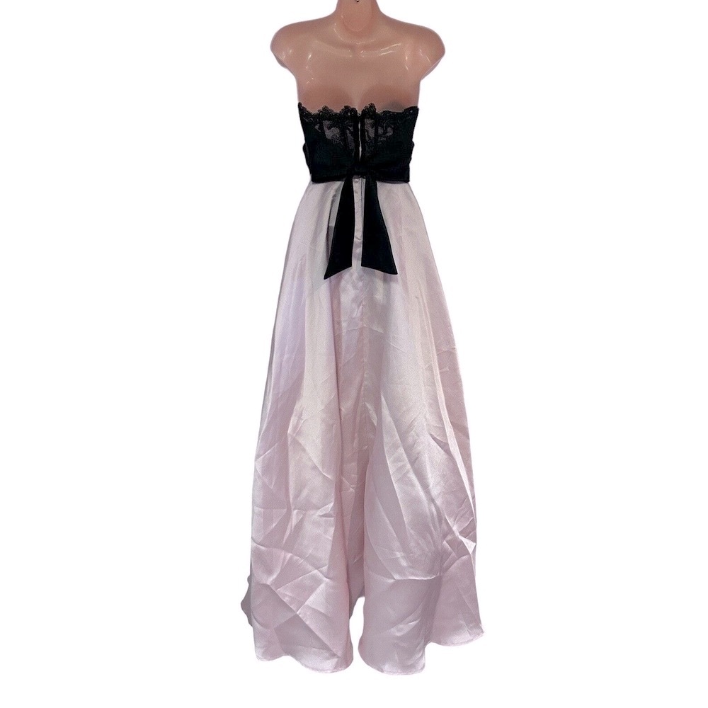 Teeze Me Corset Back Ball Gown Strapless Formal Maxi Peach Black Tie Prom Dress - Picture 9 of 16